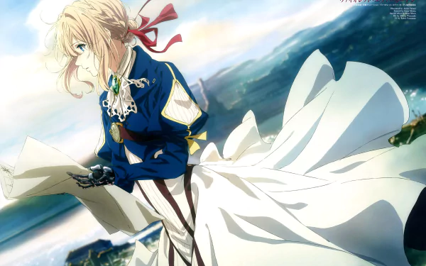 HD desktop wallpaper featuring Violet Evergarden in a flowing white dress and military-style blue jacket, set against a scenic backdrop.