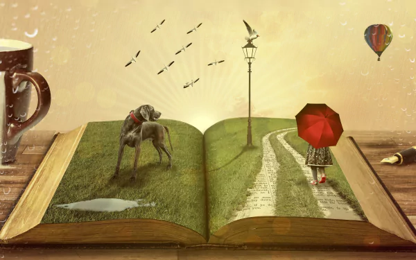 HD desktop wallpaper of a fantasy scene featuring a child with a red umbrella and a dog walking on a path through an open book. A flock of birds flies overhead, and a hot air balloon floats in the background.