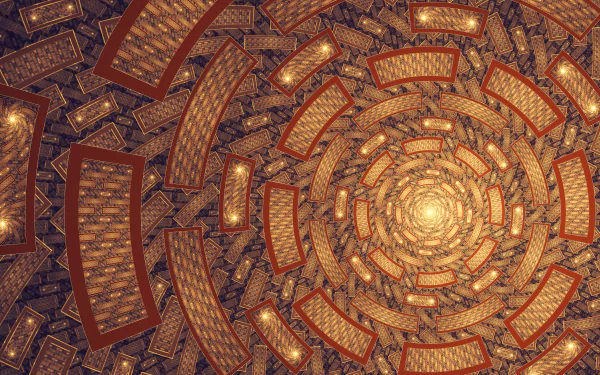 HD desktop wallpaper featuring a mesmerizing abstract fractal pattern of a psychedelic, spiraling tunnel with intricate, glowing details in golden and brown hues.