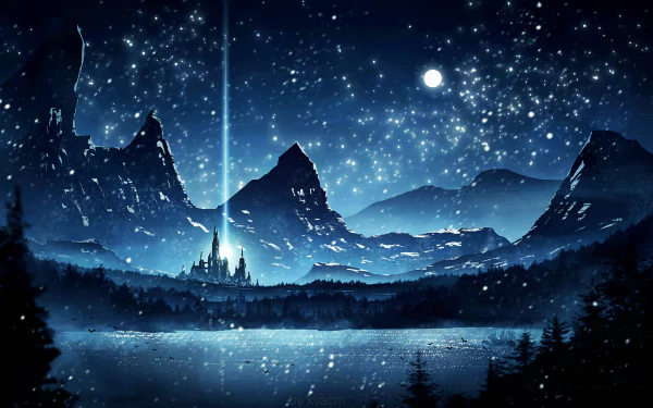 A fantasy landscape with a glowing beam, surrounded by mountains under a starry night sky, with a serene lake in the foreground. HD desktop wallpaper and background.
