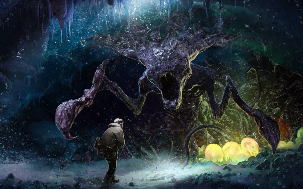 A dark cave interior features a large menacing creature with glowing eyes and eggs nearby, captured in stunning 4K Ultra HD PC desktop wallpaper quality.