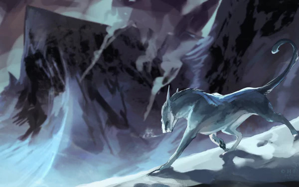 A sleek, mystical fantasy animal prowls a snowy, shadowy landscape. This 4K Ultra HD fantasy wallpaper captures an ethereal and otherworldly atmosphere for PC desktop.