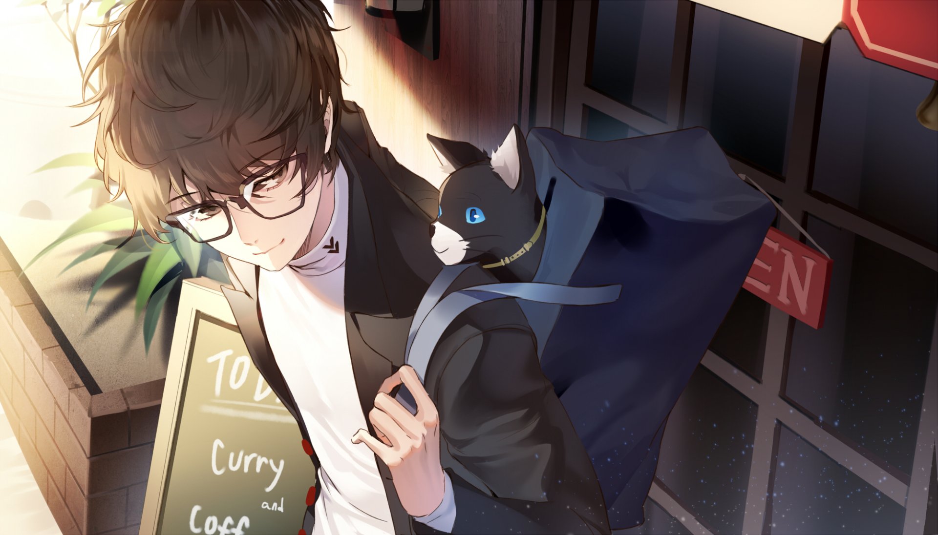 HD desktop wallpaper featuring Akira Kurusu and Morgana from the video game Persona 5, with detailed lighting and a warm, inviting street scene background.