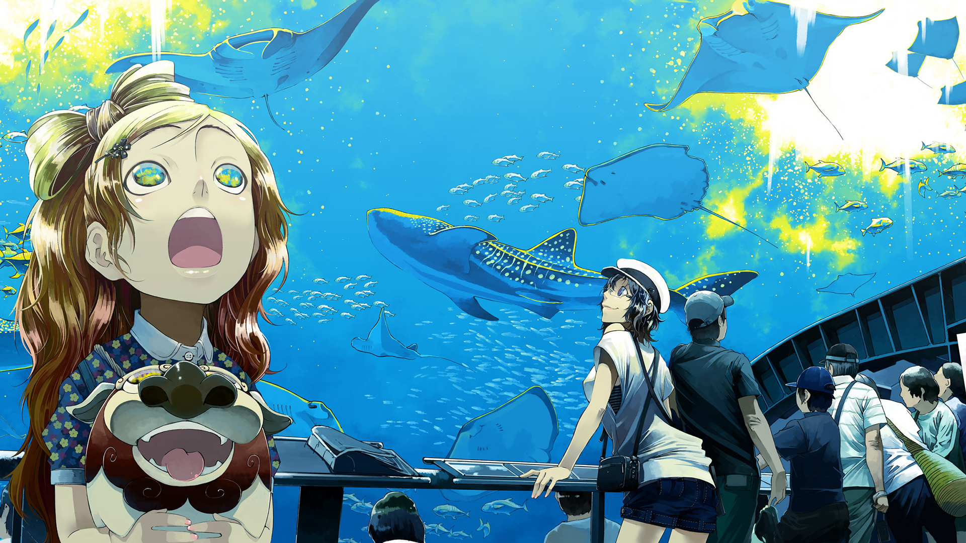 Anime original HD desktop wallpaper of an aquarium scene: a wide-eyed girl and visitors watch a massive whale shark, manta rays and schools of fish swimming through vivid blue water.