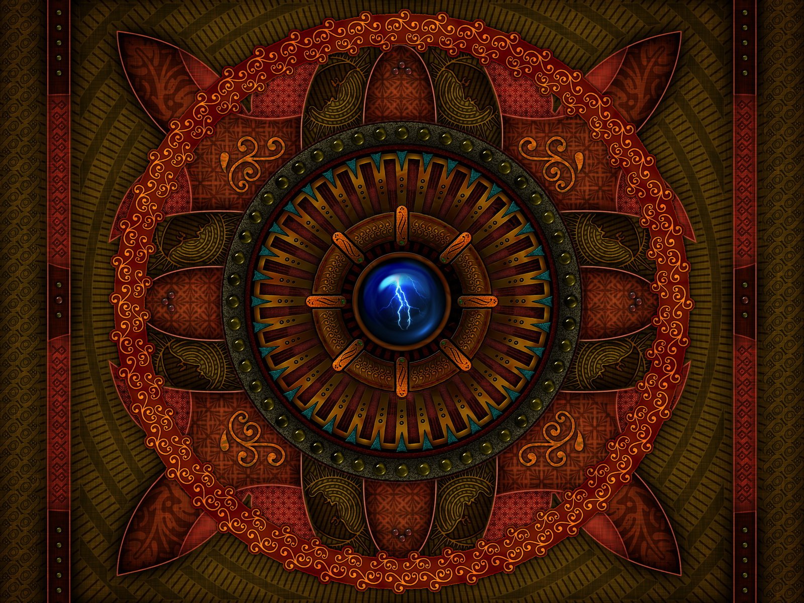 A vibrant digital art wallpaper featuring intricate patterns and textures, centered around a striking blue orb, creating a captivating and unique background for desktops.