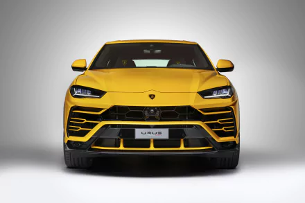 A high-definition desktop wallpaper featuring the front view of a yellow Lamborghini Urus SUV.