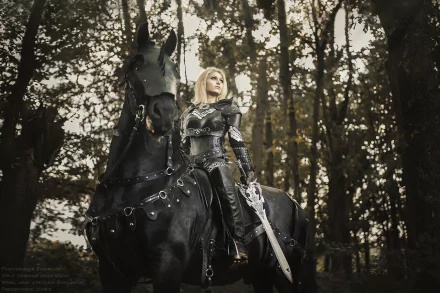 HD desktop wallpaper of a woman in detailed cosplay armor, holding a sword while sitting on a black horse in a forest setting.