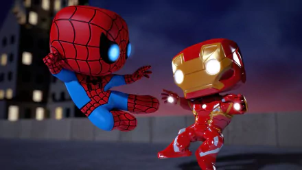 HD PC desktop wallpaper featuring Funko POP! figures of Spider-Man and Iron Man in a dynamic Marvel Comics scene.