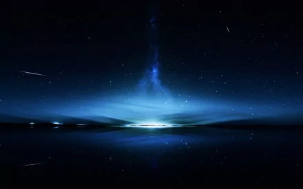 A stunning HD desktop wallpaper featuring an anime-style night sky, illuminated by shooting stars against a deep blue, cosmic horizon.
