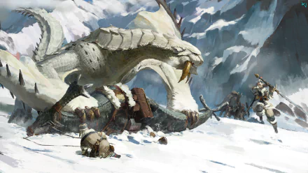 HD PC wallpaper: Barioth from Monster Hunter prowls a snowy mountain as armored hunters close in beneath jagged icy peaks.