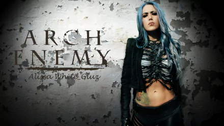 HD desktop wallpaper featuring Alissa White-Gluz of Arch Enemy with blue hair, wearing a dark outfit against a textured wall background displaying the band's name.