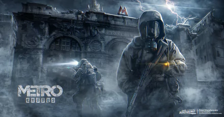 HD desktop wallpaper of Metro Exodus, depicting masked characters in a post-apocalyptic urban setting with ruined buildings and stormy skies.
