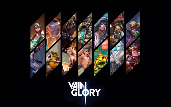 HD desktop wallpaper featuring a collage of characters from the game Vainglory set against a dark, angular background.