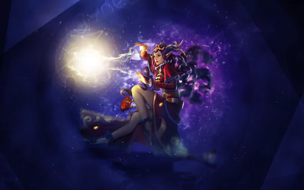 HD wallpaper featuring a mystical Vainglory character wielding an orb of light amid a vibrant, cosmic backdrop.