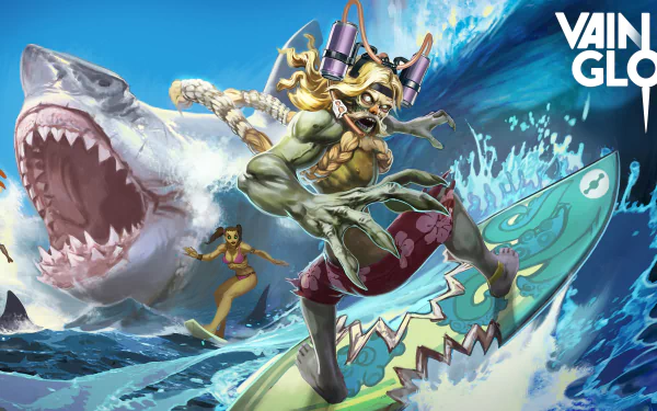HD Vainglory desktop wallpaper featuring an animated character surfing a wave with a shark in the background.