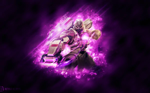HD Vainglory desktop wallpaper featuring a dynamic character enveloped in vivid purple effects on a dark background.