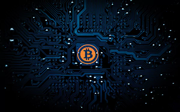 HD desktop wallpaper featuring a Bitcoin symbol centered on a digital circuit board background, highlighting themes of cryptocurrency and technology.