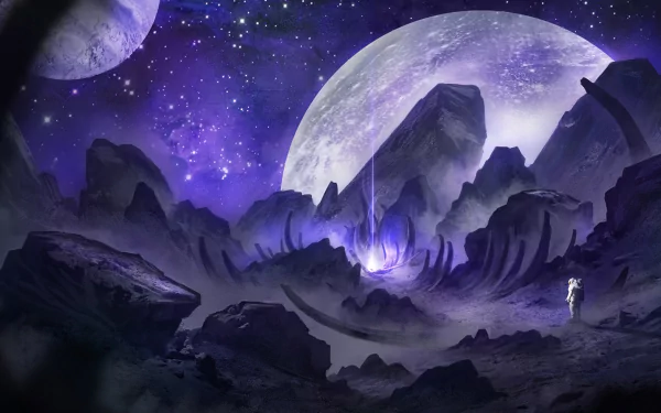 HD desktop wallpaper featuring an astronaut exploring an alien landscape under a purple sky, with rocky terrain and distant planets in the background illuminated by a beam of light.