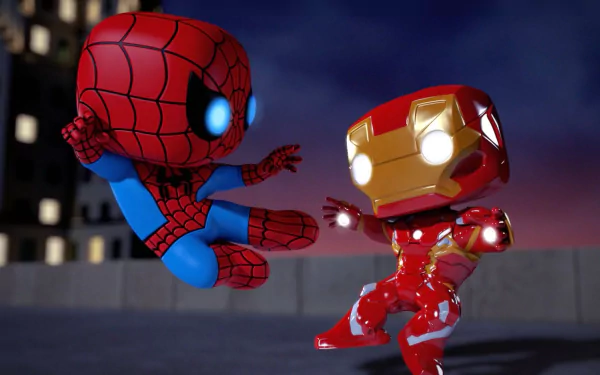 HD PC desktop wallpaper featuring Funko POP! figures of Spider-Man and Iron Man in a dynamic Marvel Comics scene.