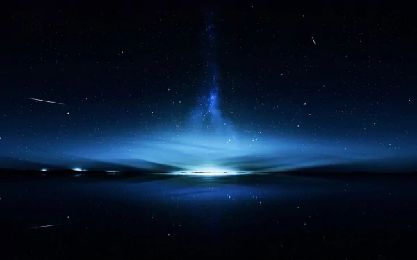 A stunning HD desktop wallpaper featuring an anime-style night sky, illuminated by shooting stars against a deep blue, cosmic horizon.