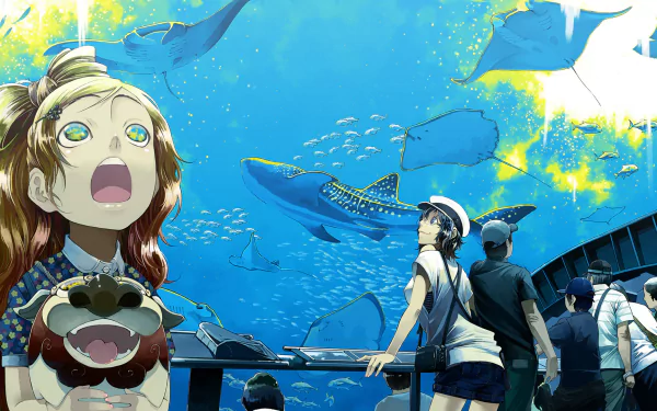 Anime original HD desktop wallpaper of an aquarium scene: a wide-eyed girl and visitors watch a massive whale shark, manta rays and schools of fish swimming through vivid blue water.