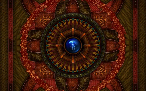 A vibrant digital art wallpaper featuring intricate patterns and textures, centered around a striking blue orb, creating a captivating and unique background for desktops.