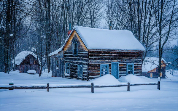 A snowy winter scene featuring a rustic cabin surrounded by trees in a forest. The cabin is covered in snow, creating a serene and cozy atmosphere. HD wallpaper and background.