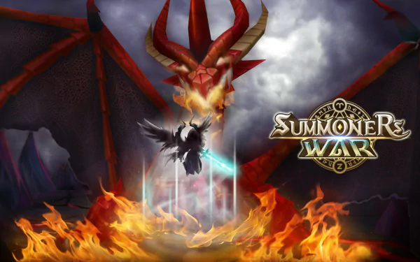 HD wallpaper of Summoners War: Sky Arena with a fiery dragon and a winged creature illuminated by magical light.