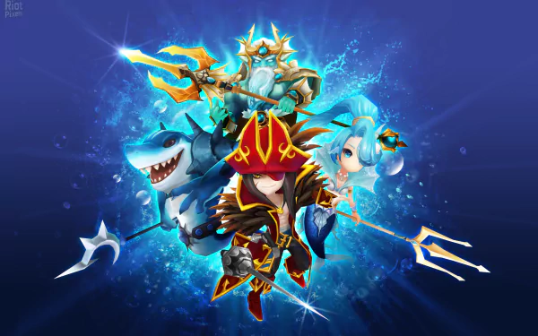 HD desktop wallpaper of Summoners War: Sky Arena featuring a striking character flanked by mystical creatures on a dynamic blue background.