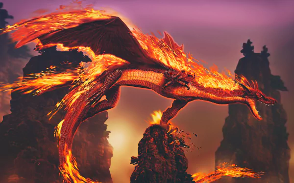 A fiery dragon spreads its blazing wings against a dark fantasy night sky, rendered in vivid 4K Ultra HD detail for a dramatic PC desktop wallpaper.