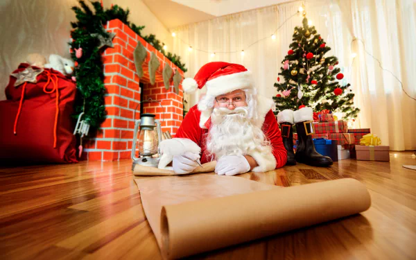 Santa in a red hat lies on the floor reading a scroll by a decorated Christmas tree and a brick fireplace, captured in a 4K Ultra HD holiday desktop wallpaper.