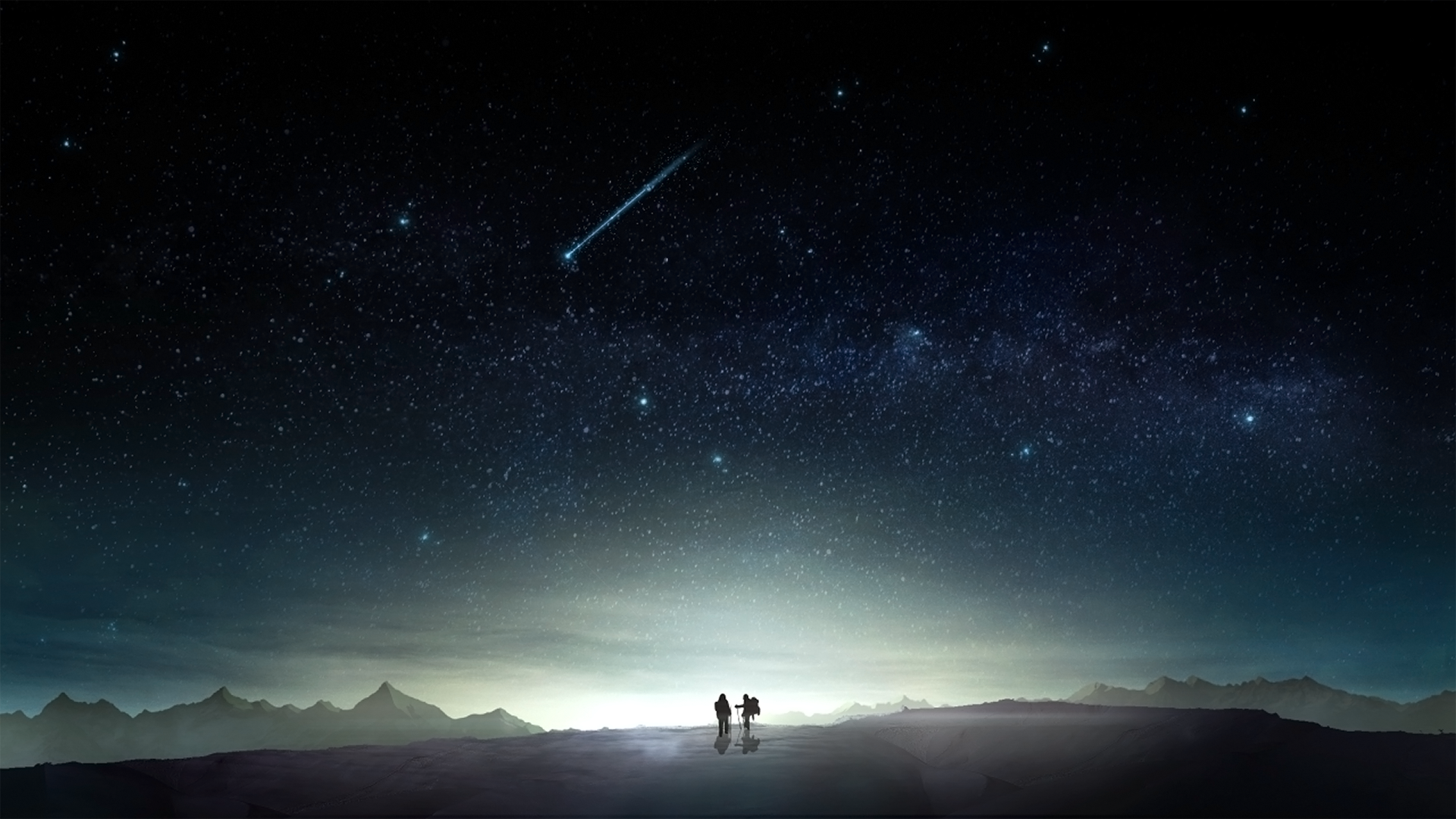 HD anime-style desktop wallpaper featuring two silhouetted figures under a starry night sky with a shooting star, blending serene original art and cosmic beauty.