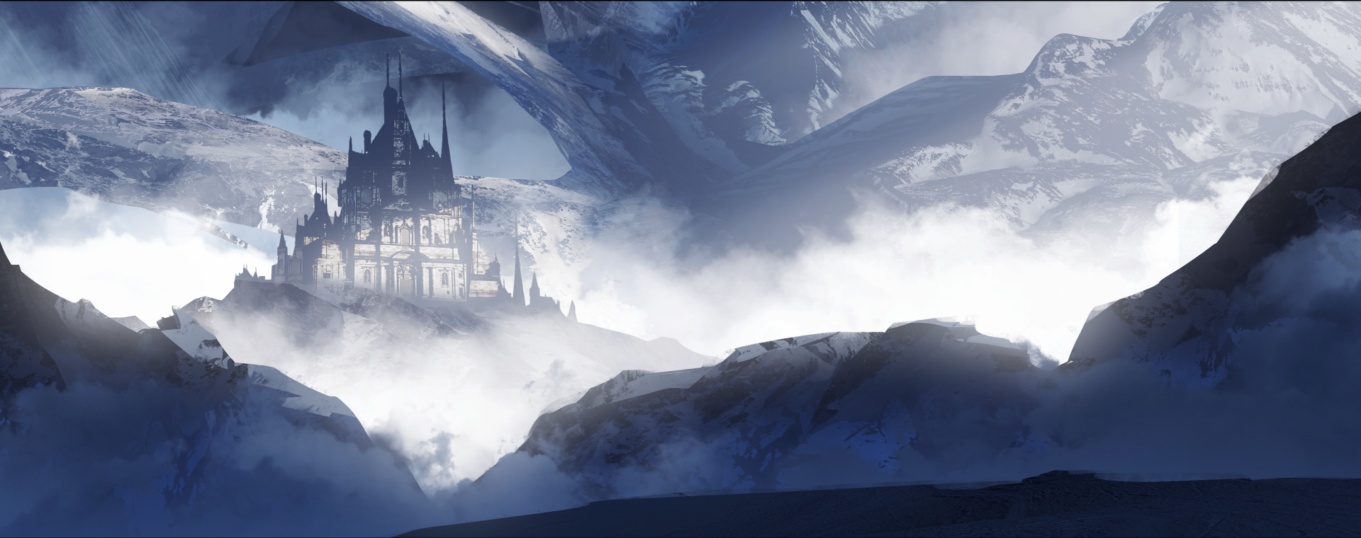 A stunning HD anime desktop wallpaper featuring a majestic castle shrouded in mist and surrounded by dramatic mountains, creating an enchanting and mystical atmosphere.