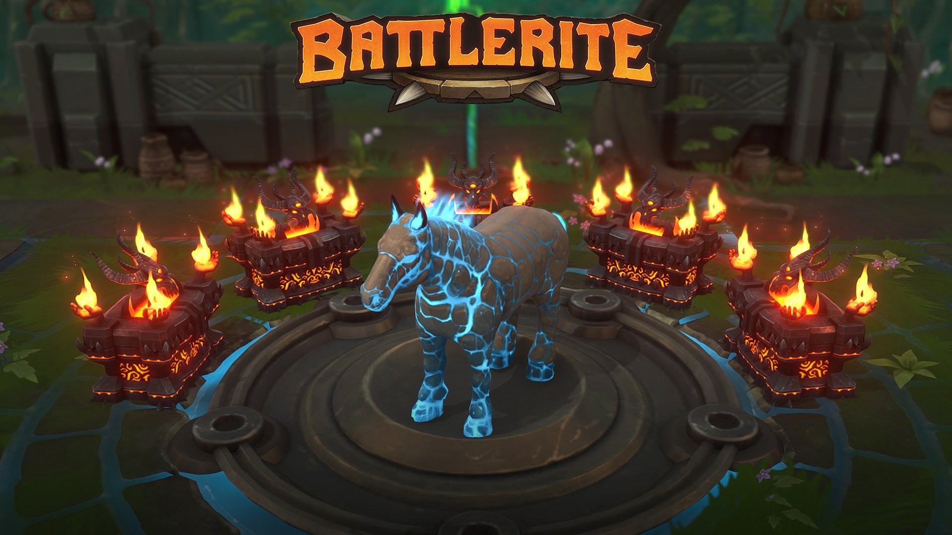 HD desktop wallpaper featuring a spectral horse surrounded by flames with the 'Battlerite' logo above.