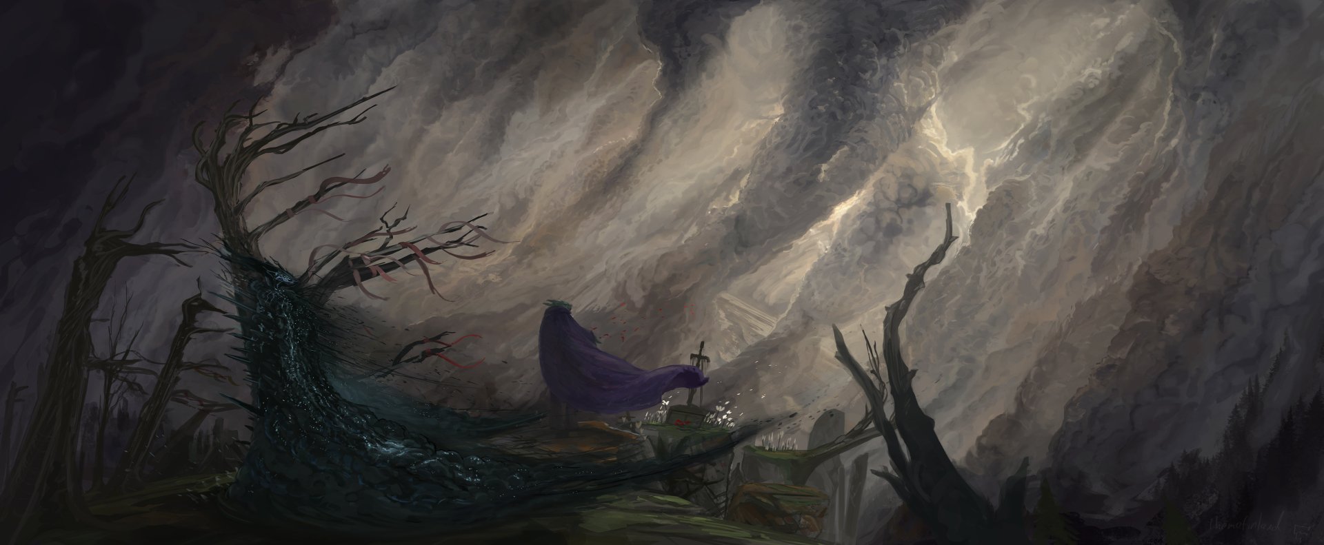 2K Quad HD PC desktop wallpaper: a hooded creature beneath a gnarled tree amid smoky skies torn by lightning, a dark fantasy stormscape.