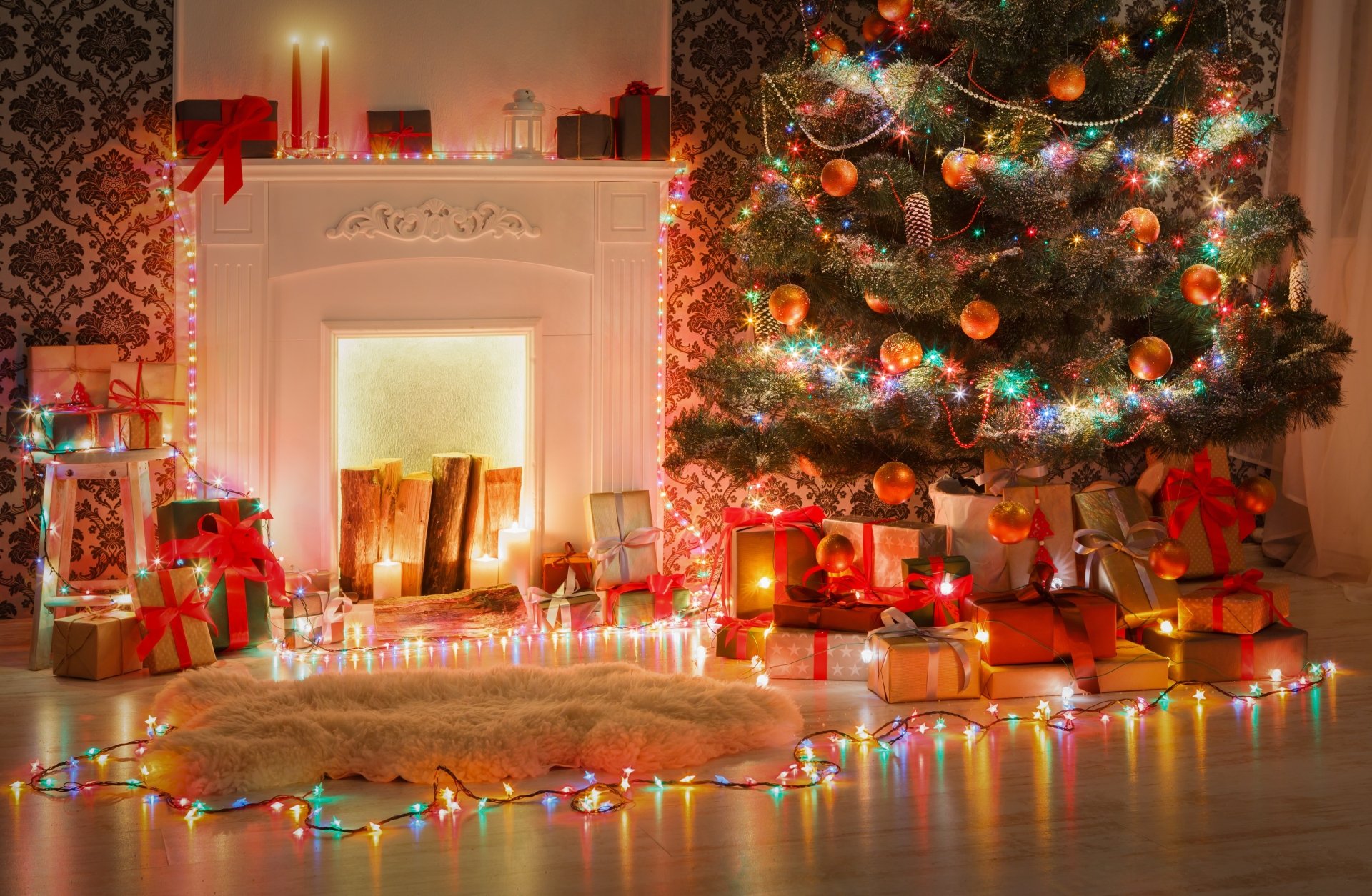 Download Christmas Ornaments Gift Fireplace Christmas Lights Holiday Christmas  4k Ultra HD Wallpaper
