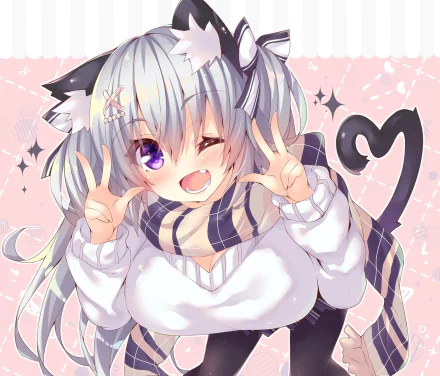 Anime-style original HD desktop wallpaper featuring a cheerful cat-girl character with silver hair, purple eyes, and a striped scarf against a soft pink background.