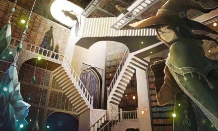 Anime original HD PC desktop wallpaper: a cloaked witch with glasses in a vast multi-level library of winding staircases, glowing crystals and floating lights.
