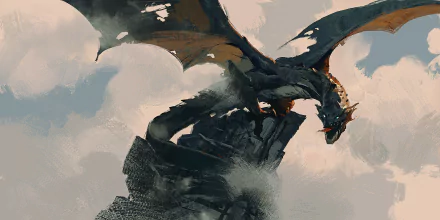 HD desktop wallpaper featuring a majestic dragon perched on a rugged cliff, set against a cloudy sky in a fantasy-themed landscape.