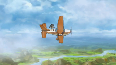 HD wallpaper of a character flying a plane from Finding Paradise with scenic sky and landscape background.