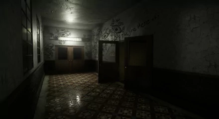 HD wallpaper of a dimly lit corridor with ominous graffiti, evoking a sense of deceit for a desktop background.