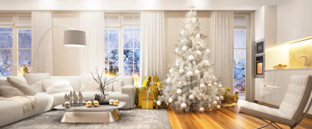 Festive living room with a large white Christmas tree surrounded by gifts, white sofa, modern furniture, and winter scenery visible through the windows. High-definition desktop wallpaper and background.