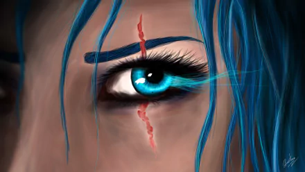 HD desktop wallpaper featuring a close-up of Katarina's eye from League of Legends, accentuated by a vivid blue iris and a dramatic scar.