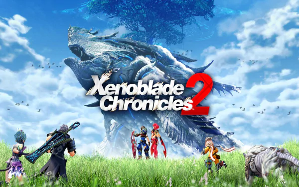 HD wallpaper of Xenoblade Chronicles 2 featuring characters in battle stances with a titanic creature and logo in the backdrop.