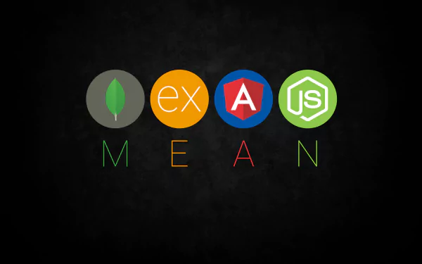 HD desktop wallpaper featuring the MEAN stack logo with icons for MongoDB, Express.js, AngularJS, and Node.js on a dark background. The image represents technology, coding, and programming in JavaScript.