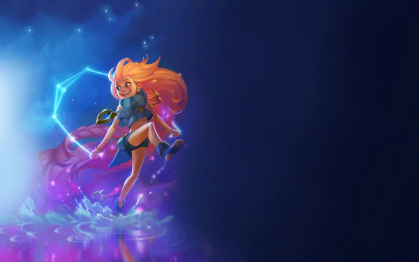 HD PC desktop wallpaper featuring Zoe from League of Legends, showcasing her vibrant magic and playful character in a dynamic video game scene.