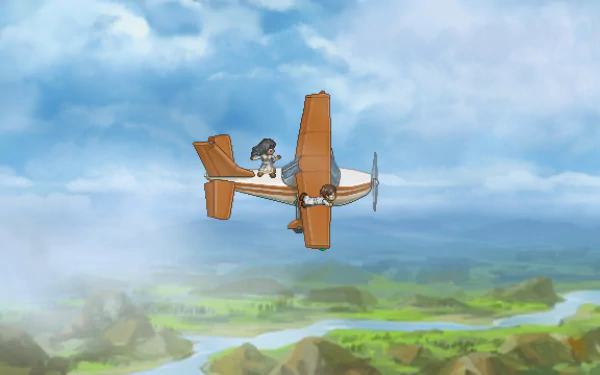 HD wallpaper of a character flying a plane from Finding Paradise with scenic sky and landscape background.