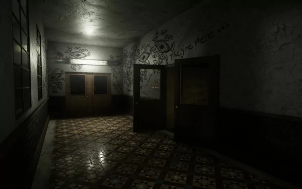 HD wallpaper of a dimly lit corridor with ominous graffiti, evoking a sense of deceit for a desktop background.