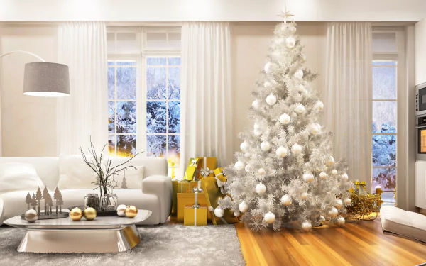 Festive living room with a large white Christmas tree surrounded by gifts, white sofa, modern furniture, and winter scenery visible through the windows. High-definition desktop wallpaper and background.