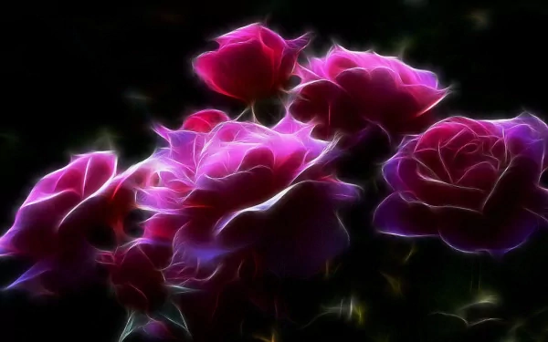 HD desktop wallpaper featuring a stunning artistic fractal of pink roses glowing against a dark background, creating an ethereal and captivating floral scene.